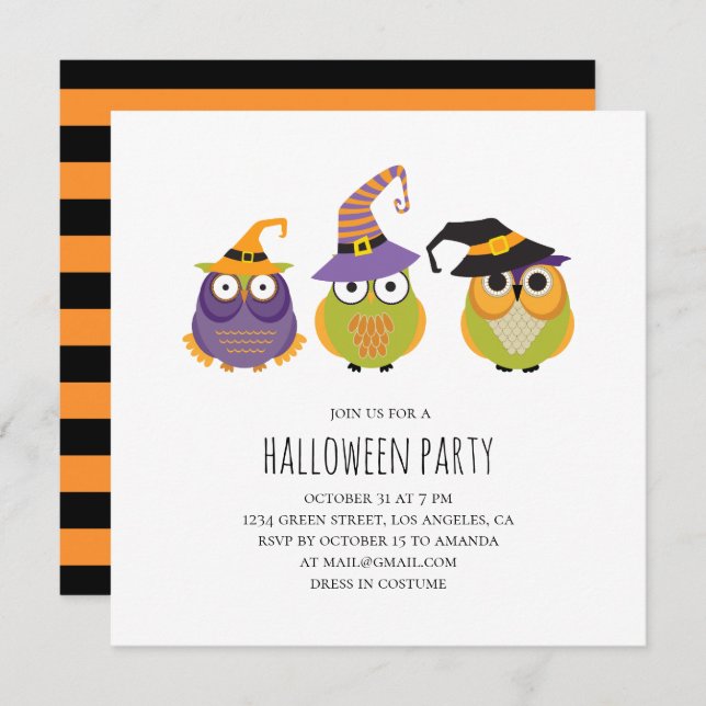 Invitación búhos de Halloween. Divertido fiesta de disfraces  (Anverso / Reverso)