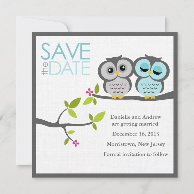 Invitación Búhos Gris y Acuático en Boda Guardar la Fecha (Anverso)