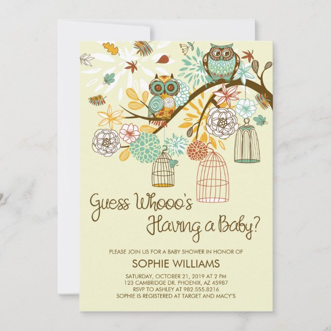 Invitación Búhos y jaulas de pájaros Baby Shower del otoño (Anverso)