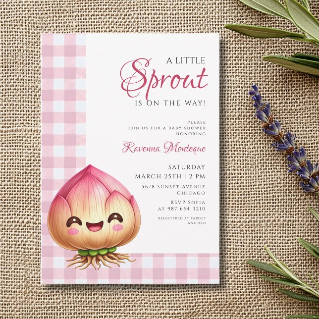 Invitación Bulbo de Flor de Gingham Rosa Brote Pequeño Fiesta (Subido por el creador)
