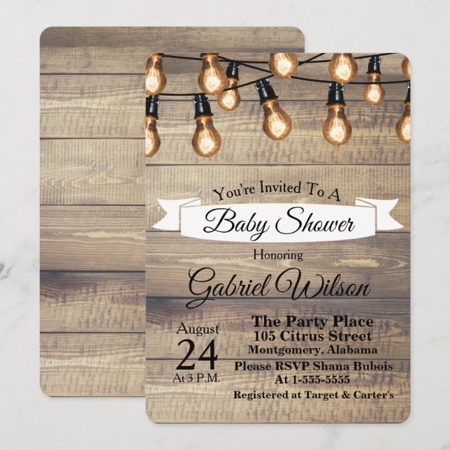 Invitación Bulbos y cinta de madera Baby Shower de Edison del (Anverso / Reverso)