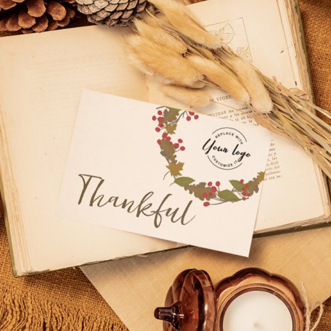 Invitación Bulk Thankful hojas logo de negocios agradecimient (Thankful company Thanksgiving greeting card with logo)