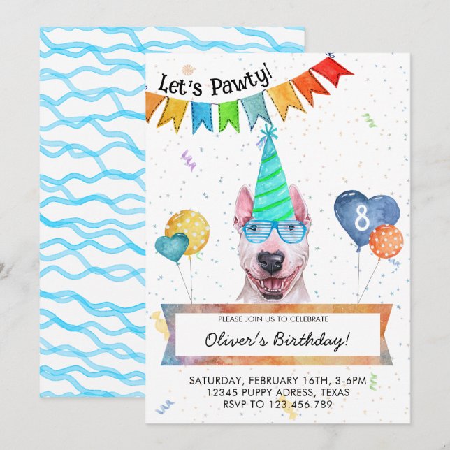 Invitación Bull Terrier Deja que Pawty Perro Cumpleaños (Anverso / Reverso)