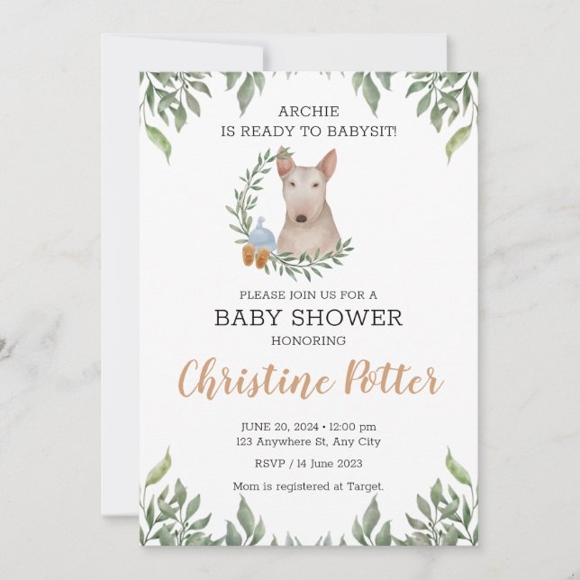 Invitación Bull Terrier Dog Boy Boho Greenery Baby Shower (Anverso)
