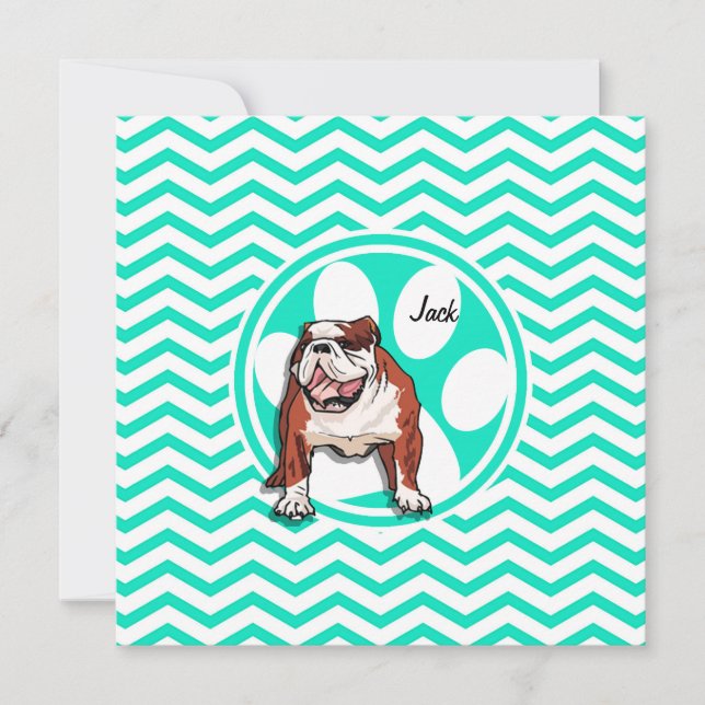 Invitación Bulldog; Aqua Green Chevron (Anverso)