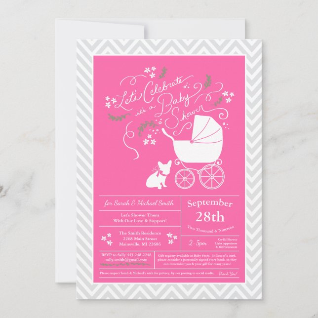 Invitación Bulldog francés Baby Shower Chica rosa francés (Anverso)