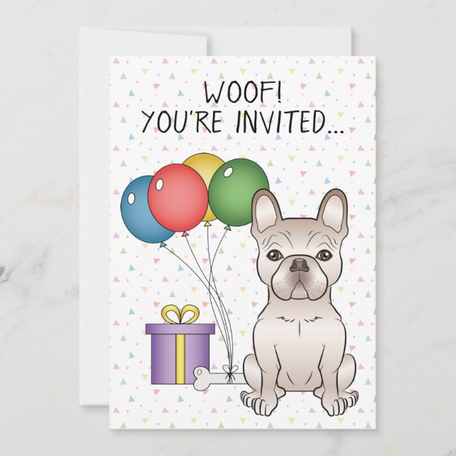 Invitación Bulldog Francés Crema Cumpleaños Perro De Dibujos  (Anverso)