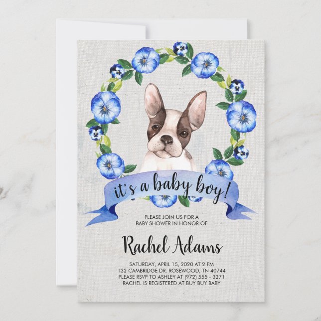 Invitación Bulldog francés floral azul Baby Shower (Anverso)