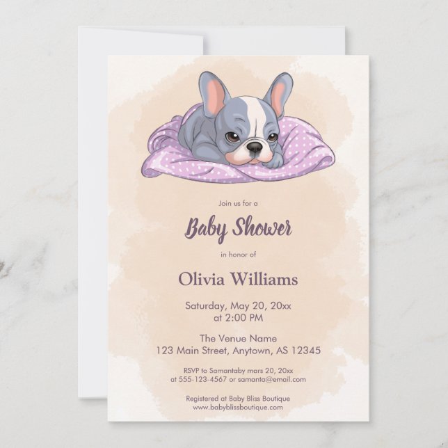 Invitación Bulldog francés lindo Baby Shower de manta rosa de (Anverso)