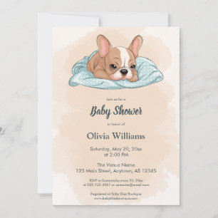 Invitación Bulldog francés lindo con una manta azul en Baby S