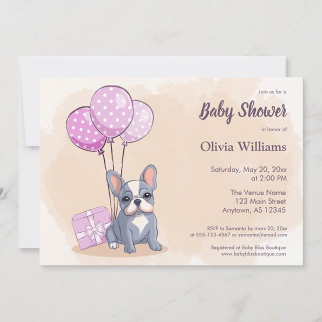 Invitación Bulldog francés lindo Cup globos rosados Baby Show (Anverso)