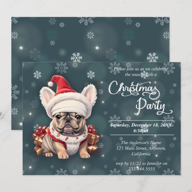 Invitación Bulldog francés lindo Fiesta Gorra Qanta Navidades (Anverso / Reverso)