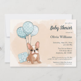 Invitación Bulldog francés lindo Pup Blue ballons Baby Shower