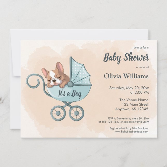 Invitación Bulldog francés lindo Pup Blue Stroller Baby Showe (Anverso)