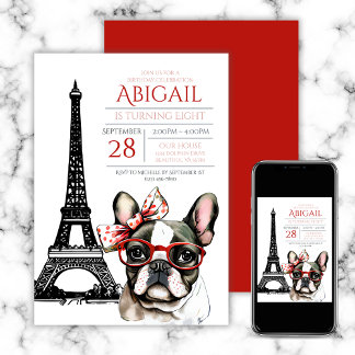 Invitación Bulldog francés Torre Eiffel Paris Puppy Cumpleaño