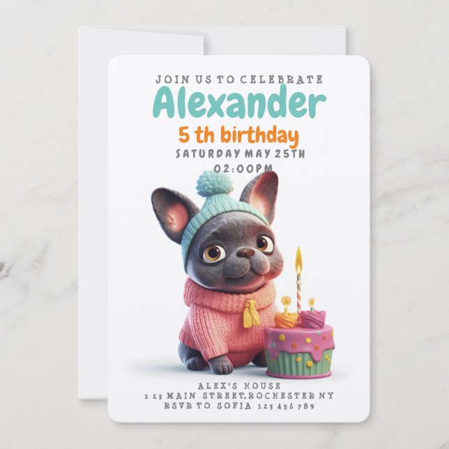 Invitación Bulldog francés, vestido rosa, torta de cumpleaños (Anverso)