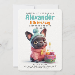Invitación Bulldog francés, vestido rosa, torta de cumpleaños