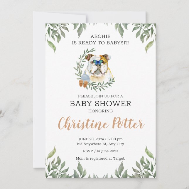 Invitación Bulldog inglés Dog Greenery Boho Baby Shower (Anverso)