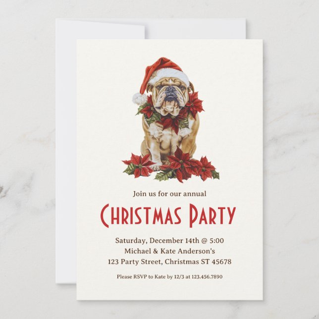 Invitación Bulldog inglés en un Fiesta de Navidades de perros (Anverso)
