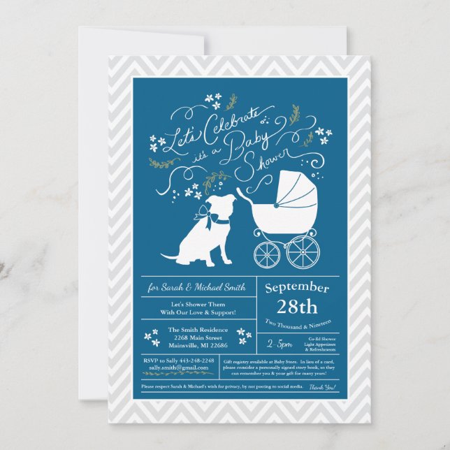 Invitación Bulldog Pit Baby Shower Blue Boy Pitbull (Anverso)