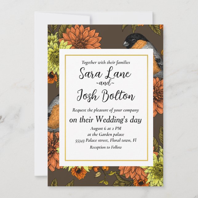 Invitación Bullfinch en florales otoñales (Anverso)