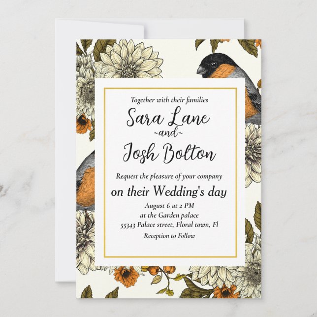 Invitación Bullfinch en florales otoñales 2 (Anverso)