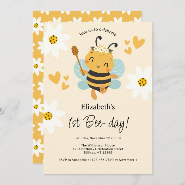 Invitación Bumble Bee 1ª fiesta de cumpleaños (Anverso / Reverso)
