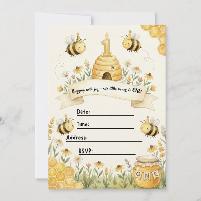 Invitación Bumble Bee 1st Birthday Invitation  (Anverso)