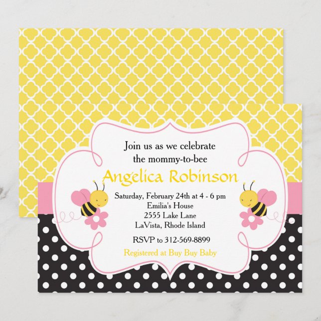 Invitación Bumble Bee Baby Shower amarillo y negro (Chica) (Anverso / Reverso)