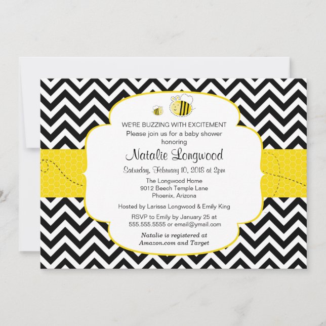 Invitación Bumble Bee Baby Shower, lleno de emoción (Anverso)