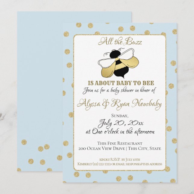 Invitación Bumble Bee Buzz Baby Shower Blue (Anverso / Reverso)