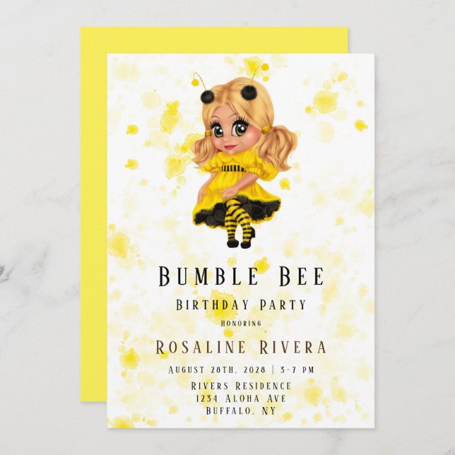 Invitación Bumble Bee Chica Preteen Fiesta de Cumpleaños (Anverso / Reverso)