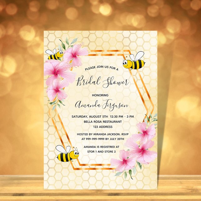 Invitación Bumble bee honeycomb pink florals bridal shower (Subido por el creador)