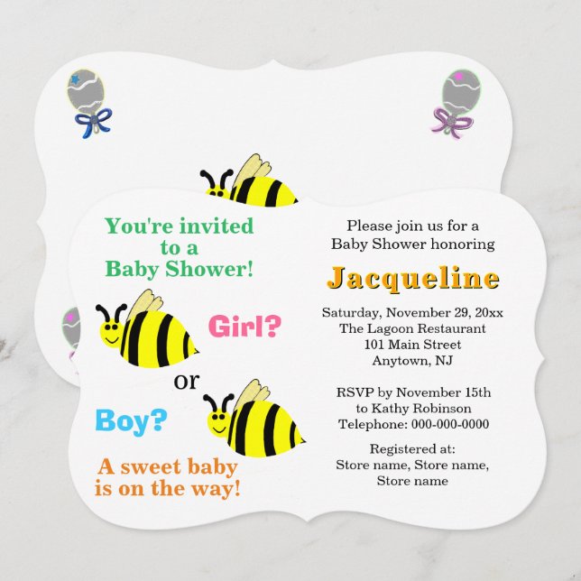 Invitación Bumble Bee Pink Blue Rattles Baby Shower (Anverso / Reverso)