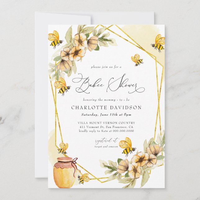 Invitación Bumble Bee Yellow Floral Frame Baby Shower (Anverso)