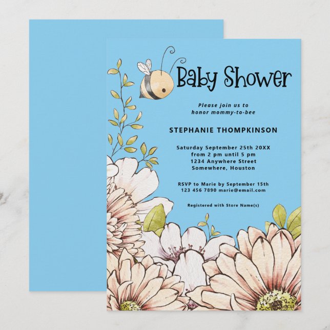 Invitación Bumblebee Florals Baby Blue Shower (Anverso / Reverso)