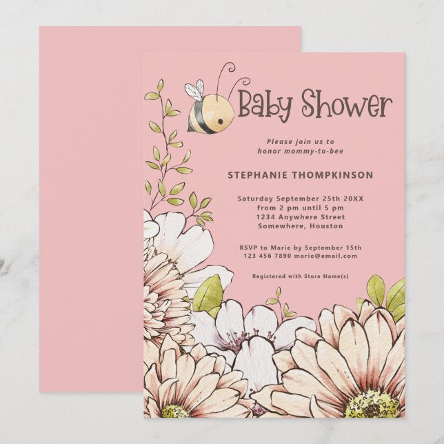 Invitación Bumblebee Florals Baby Pink Shower (Anverso / Reverso)