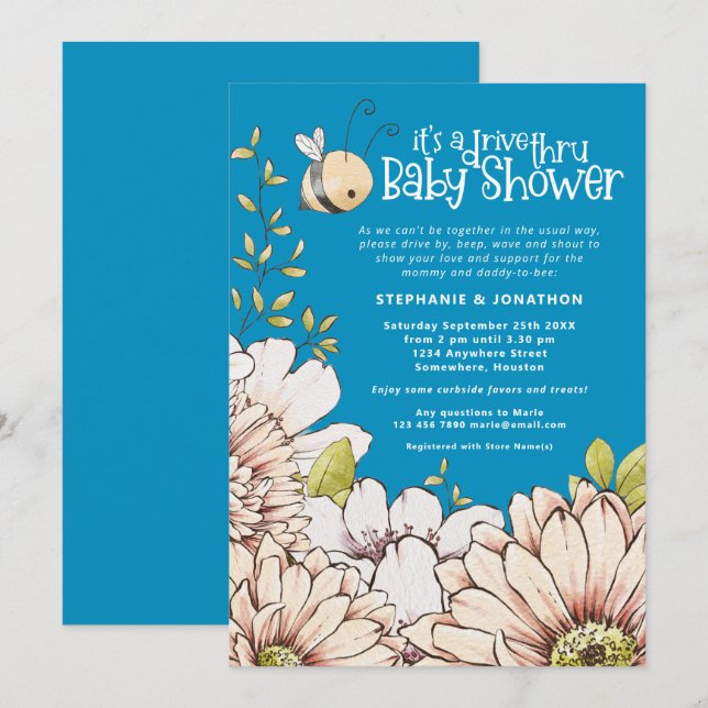 Invitación Bumblebee Florals Blue Drive a través de Baby Show (Anverso / Reverso)
