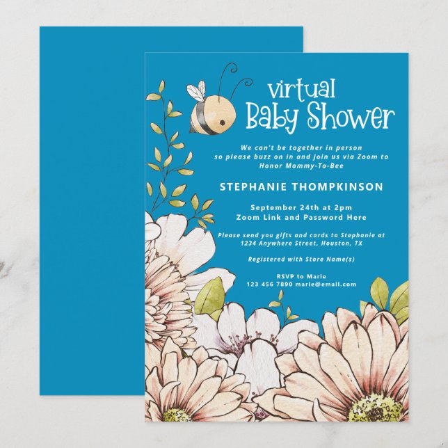 Invitación Bumblebee Florals Blue Virtual Baby Shower (Anverso / Reverso)