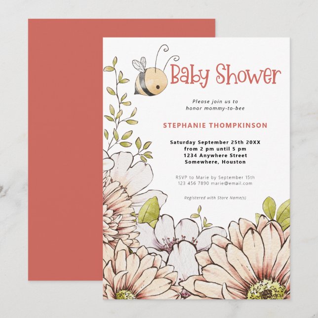 Invitación Bumblebee Florals Coral Baby Shower (Anverso / Reverso)