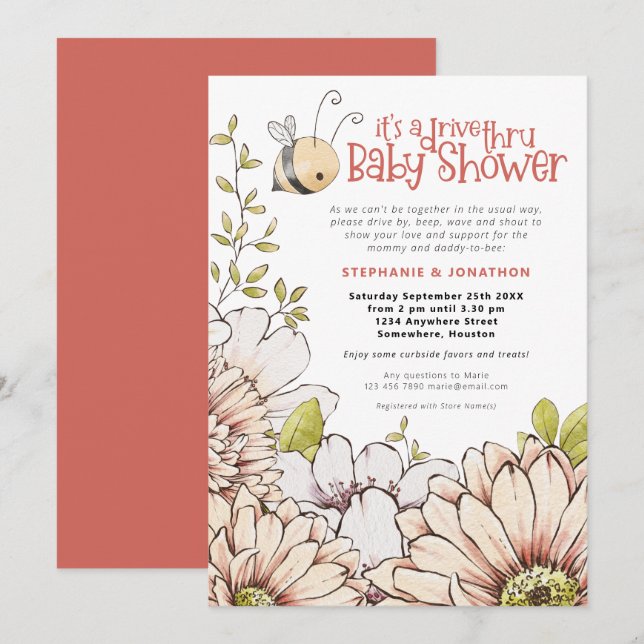 Invitación Bumblebee Florals Coral Drive a través de Baby Sho (Anverso / Reverso)