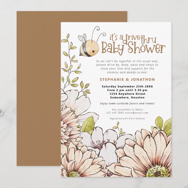 Invitación Bumblebee Florals Gold Drive a través de Baby Show (Anverso / Reverso)