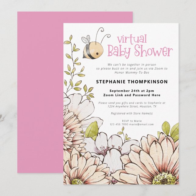 Invitación Bumblebee Florals Virtual Pink Baby Shower (Anverso / Reverso)