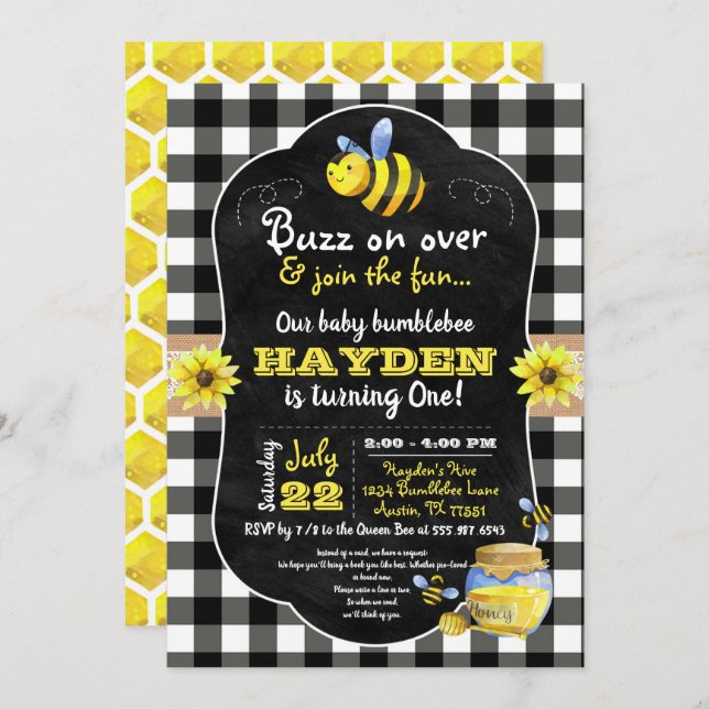 Invitación Bumblebee Honey Comb Dulce Bebé Primer Cumpleaños (Anverso / Reverso)