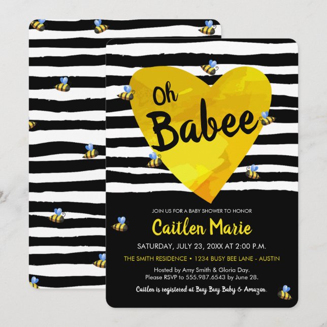 Invitación Bumblebee Oh Babee Baby Shower blanco negro amaril (Anverso / Reverso)