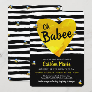 Invitación Bumblebee Oh Babee Baby Shower blanco negro amaril