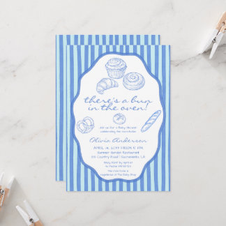 Invitación Bun in the oven blue pinstripes Baby Shower