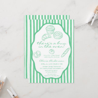 Invitación Bun in the oven green pinstripes Baby Shower