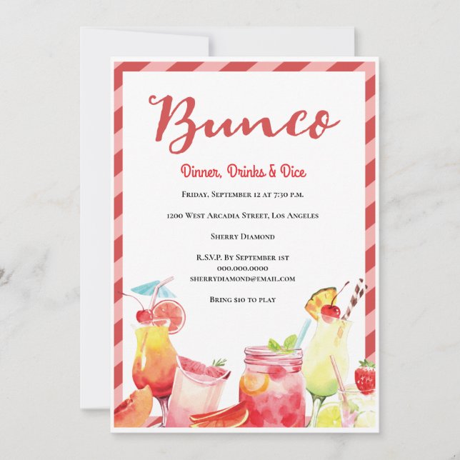 Invitación Bunco de bebidas de verano (Anverso)
