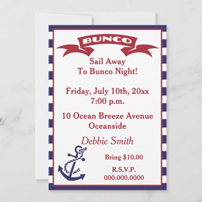 Invitación Bunco Invite - Rojo, Blanco y Azul (Anverso)